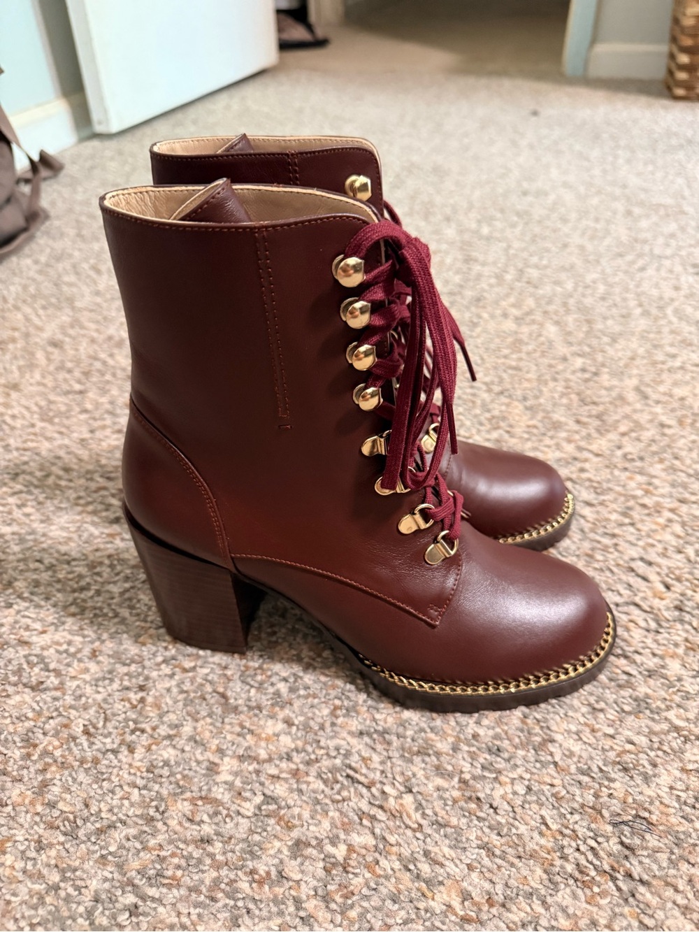 Stuart Weitzman Kolbie Lace-Up Block Heel Boots Mahogany - Burgundy Lace